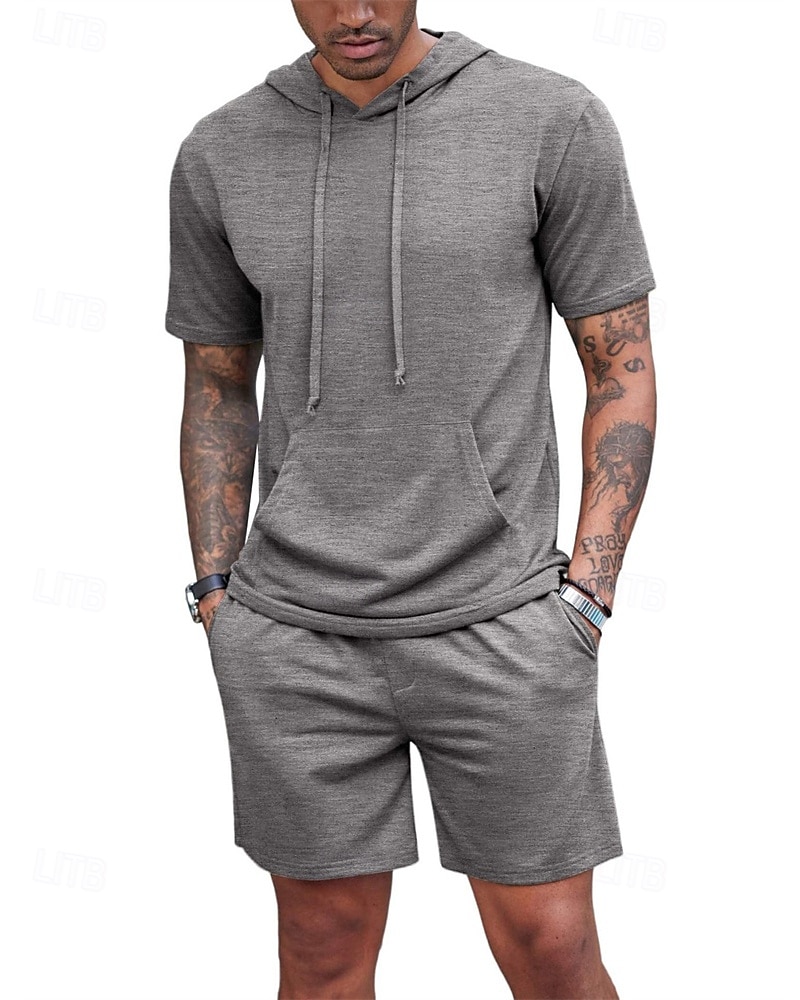 Bărbați Trening Tricou și pantaloni scurți Set de ținute Hanorac cu gluga În aer liber Zilnic Sport Buzunar Cordon Simplu Roșu Vin Negru Alb Poliester Îmbrăcăminte de Sport  Șic Stradă Ușor Vară 2025 - $30.99 -P11