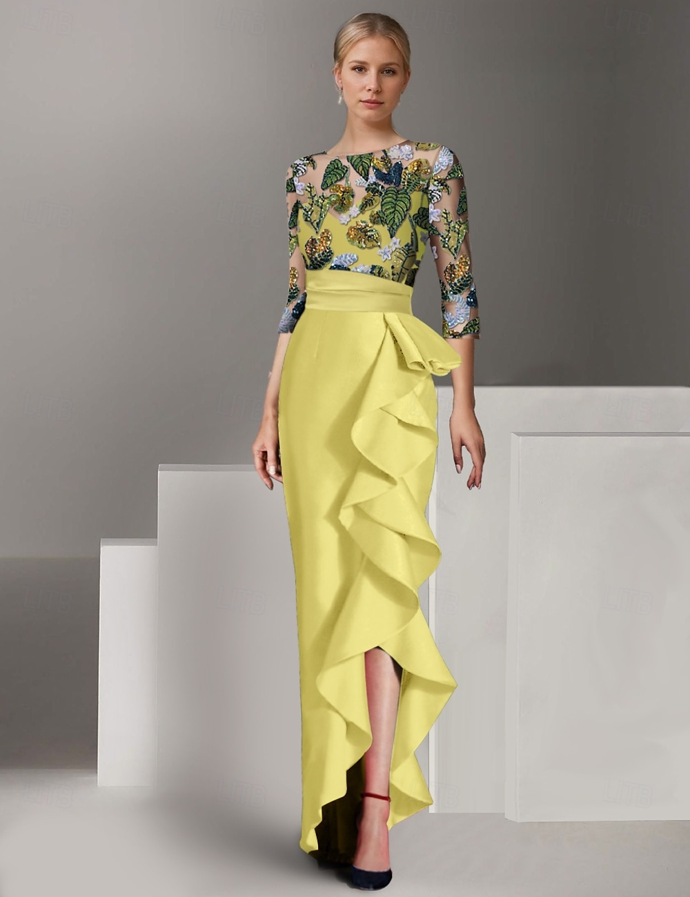 Ruches a Foglia Floreale Colonna Ricamata Abito da Sera Elegante Vestito Formale Nozze Lunghezza Piena Manica Mezza Collo Illusion Satin con del 2025 a $169.99 –P6