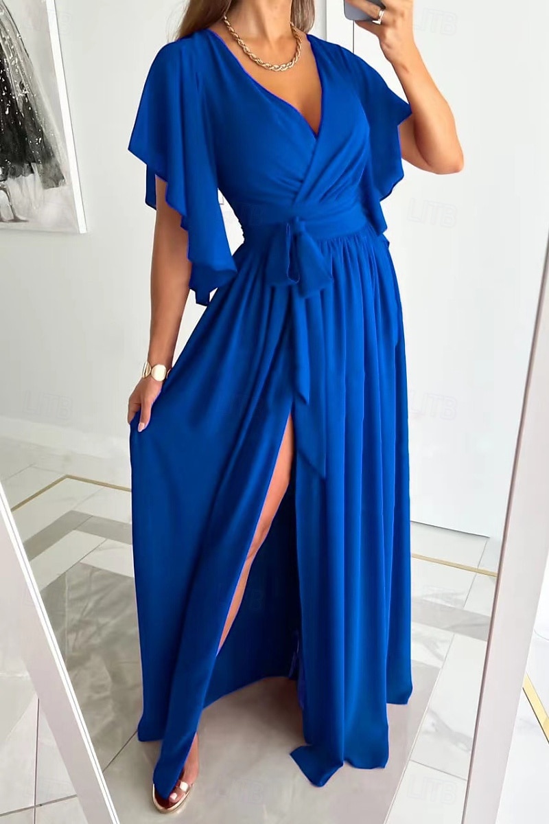 Damen kleid lang Formelle Kleidung Modisch Trompetenärmel Party Verabredung Regular Fit Glatt Kurzarm V Ausschnitt Schwarz Rote Blau Khaki Sommer 2025 - $23.99 –P6