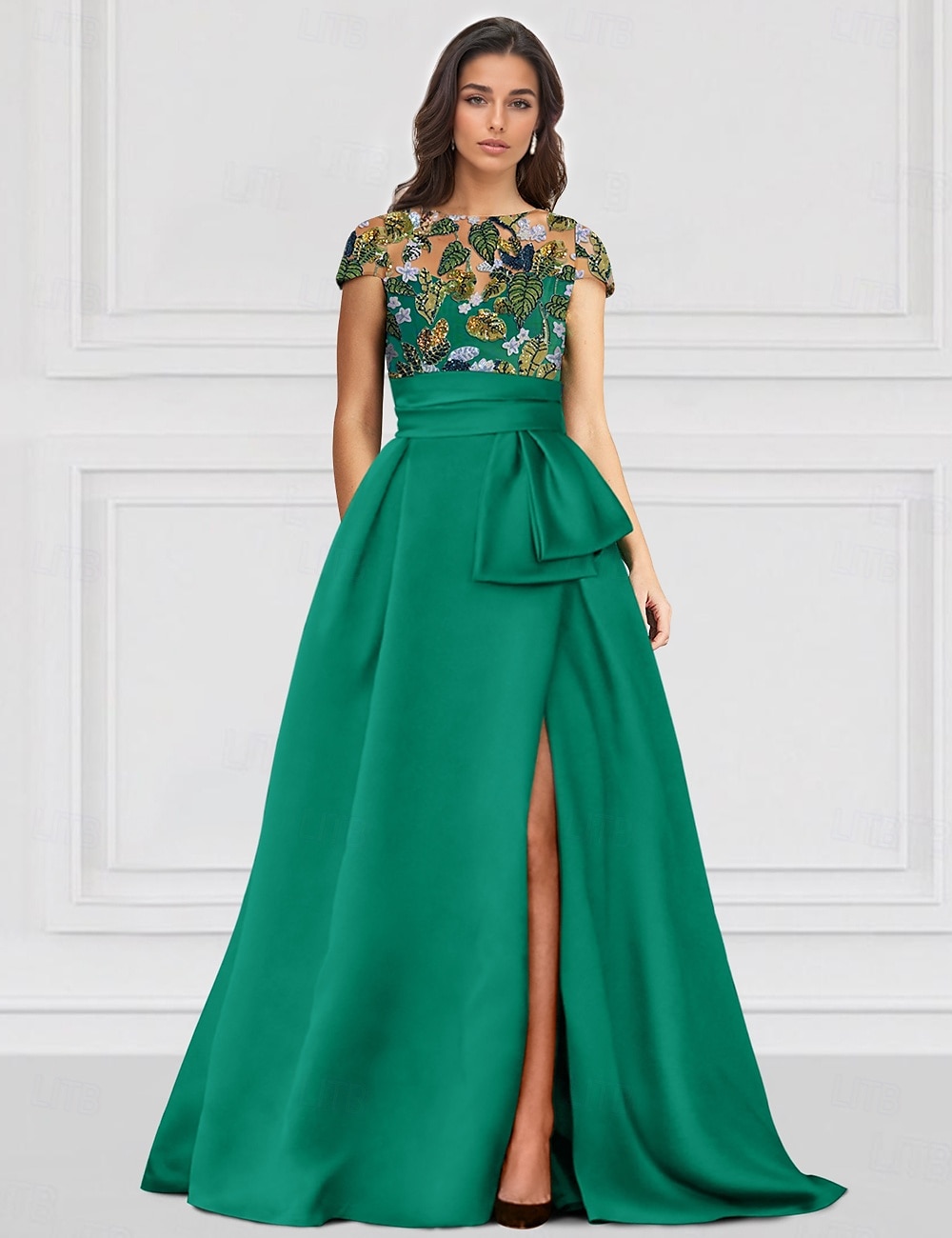 Green Floral Embroidered Leaf A-Line Evening Gown Elegant Dress Formal Wedding Floor Length Half Sleeve Illusion Neck Satin with Slit Appliques 2025 2025 - $158.99 –P1