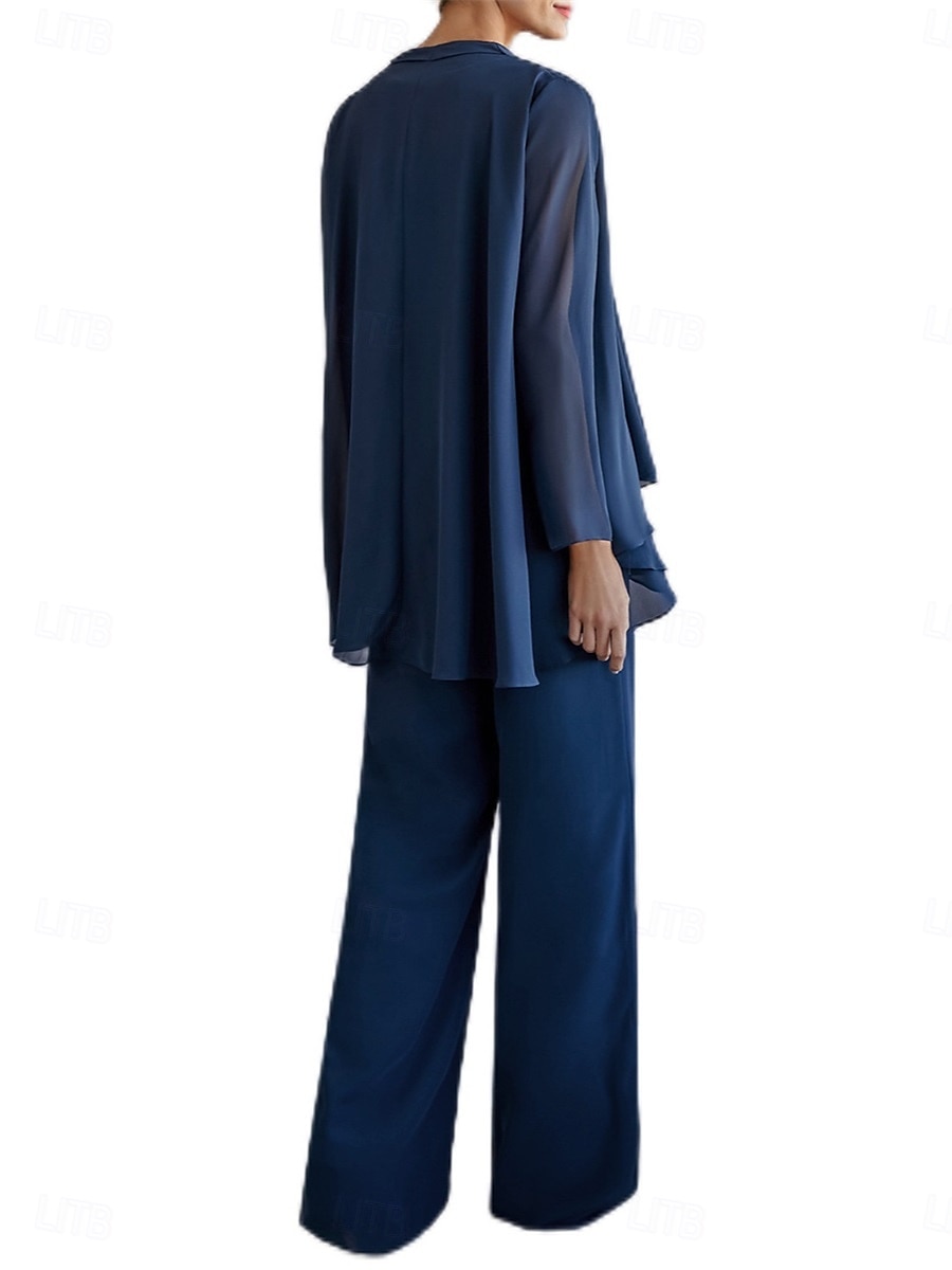 Dreiteilig Hosenanzug Brautmutterkleid Elegant Rundhalsausschnitt Bodenlang Polyester Langarm mit Perlenstickerei 2025 2025 - $99.99 –P5
