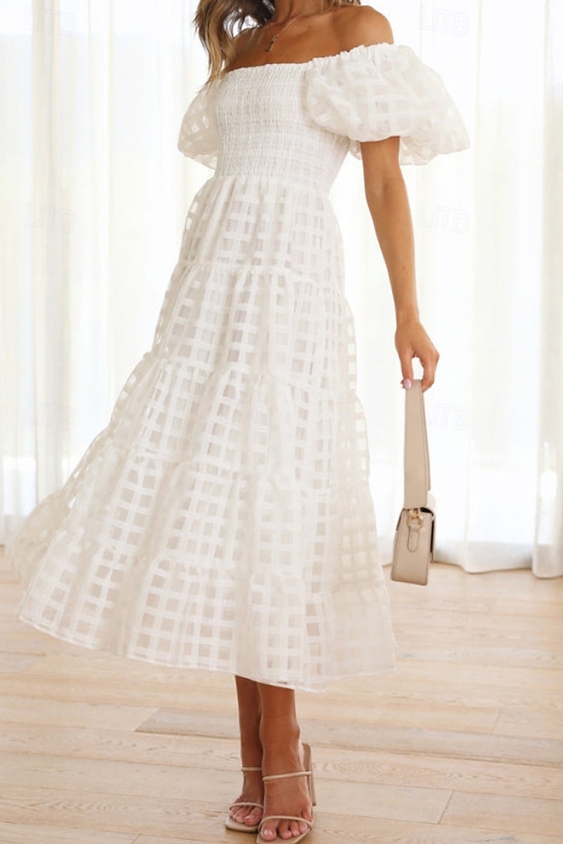 Women's Midi Dress Graduation Dress Fashion Modern Lantern Sleeve Vacation Graduation Weekend Regular Fit Plain Short Sleeve Off Shoulder Black White Yellow Pink Summer 2025 - $27.99 –P19