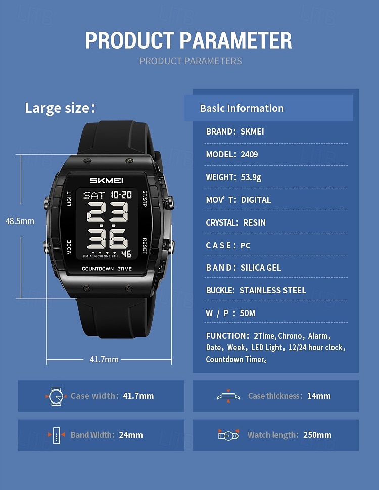 SKMEI 2409 Waterproof Electronic Watch Luxury Outdoor Countdown Stopwatch Digital Wristwatch For Man Women Calendar Led Light Silicone Watch 2025 - $31.99 –P16