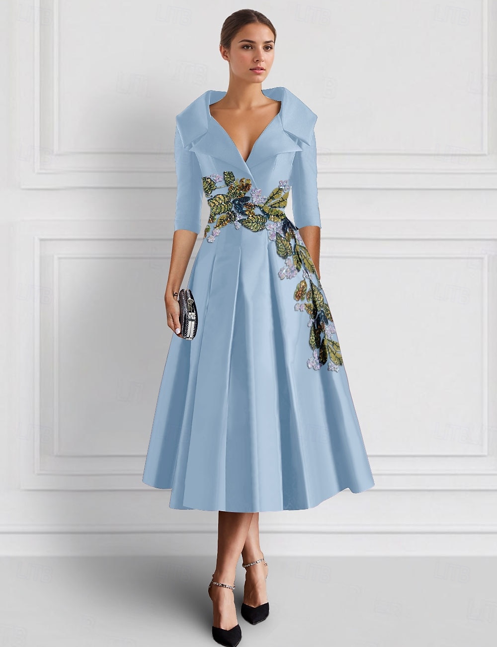 azul bordado folha floral renda a-line coquetel formal casamento convidado vestido elegante vintage camisa colarinho chá comprimento cetim meia manga 2025 de 2025 por $177.99 –P1