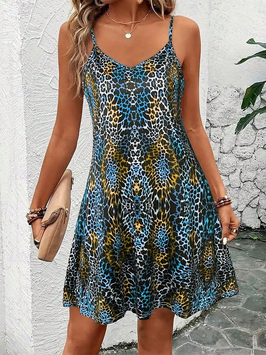 Dame Mini kjole Kjole med A-linje Slipkjole Off The Shoulder-kjole Ferie Fritid Feriereise Daglig Normal Grafisk Leopard Ermeløs V-hals Kongeblå Blå Lilla Grønn Sommer 2025 - $21.99 –P4
