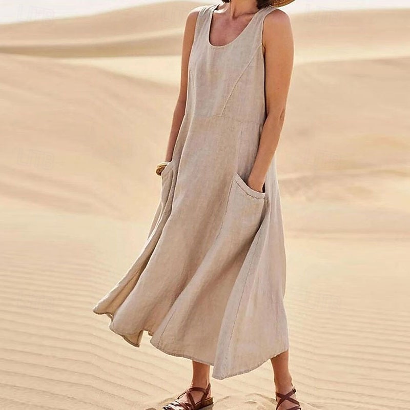 Damen Midikleid Baumwoll-Leinen-Kleider Baumwoll-Leinenkleid Mode Klassisch Urlaub Ausgehen Wochenende Normale Passform Einfach Ärmellos Rundhalsausschnitt Weiß Rosa Orange Khaki Sommer 2025 - $22.99 –P5