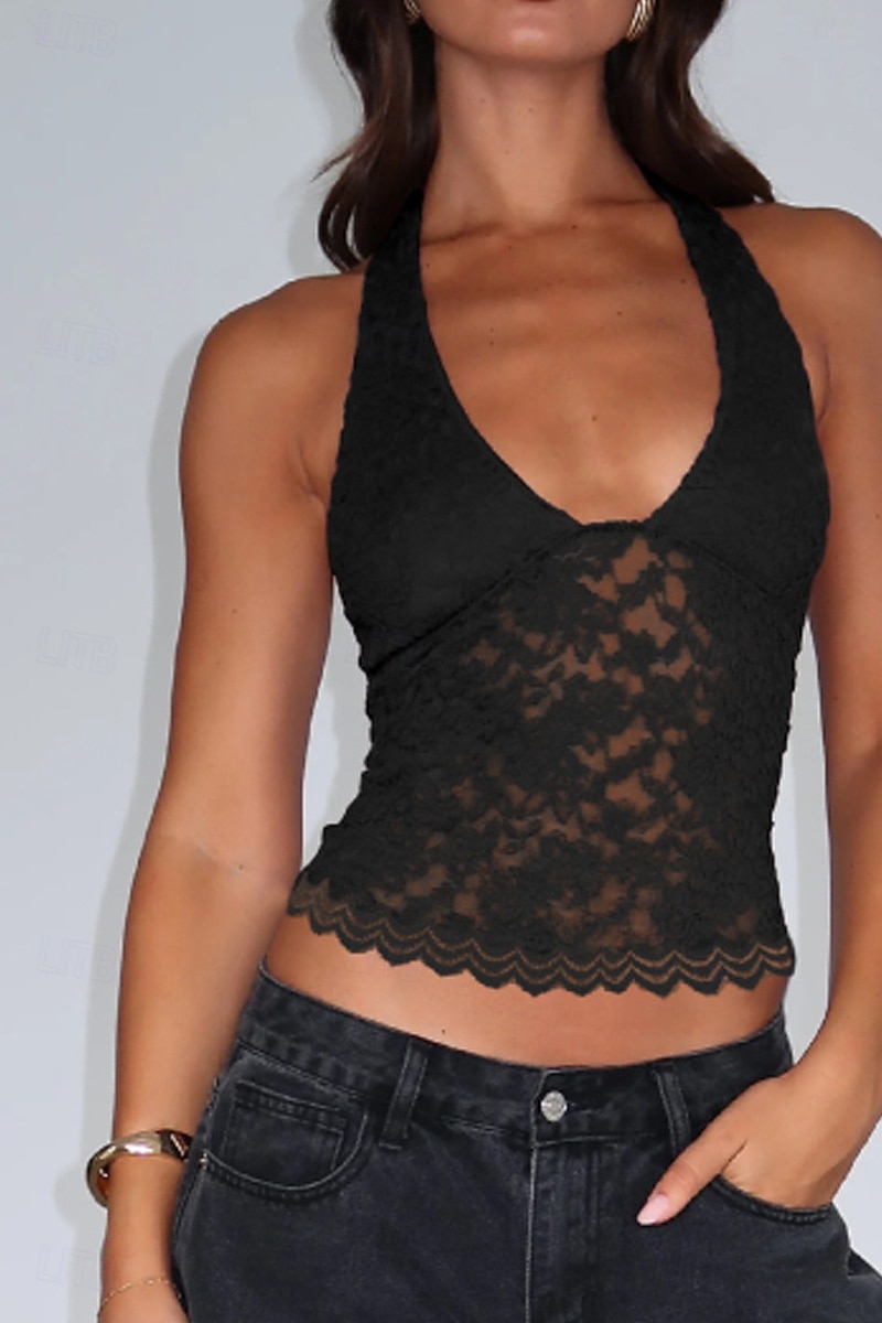 Dámské Tričko Halenka Bez vzoru Módní Na běžné nošení Bez rukávů Do V Crop Tops Víkend Krajka Slátanina Černá Bílá Fialová Léto 2025 - $17.49 –P13