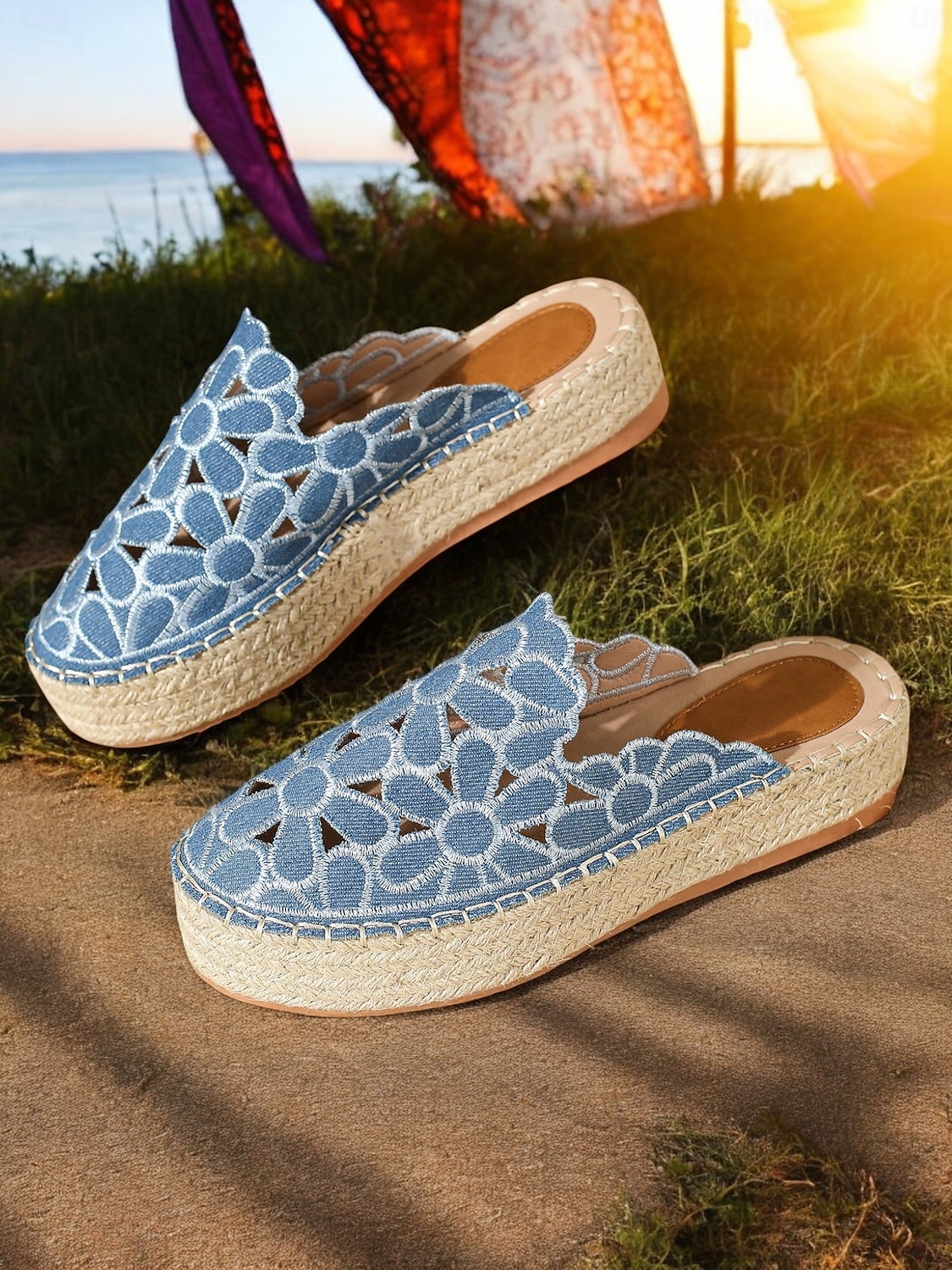 mules espadrillas in pizzo blu da donna – scarpe con plateau slip-on con ritagli floreali per l'estate, uscite casual e abbigliamento da spiaggia del 2025 a $42.99 –P1