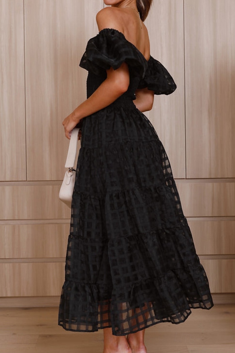 Women's Midi Dress Graduation Dress Fashion Modern Lantern Sleeve Vacation Graduation Weekend Regular Fit Plain Short Sleeve Off Shoulder Black White Yellow Pink Summer 2025 - $27.99 –P11