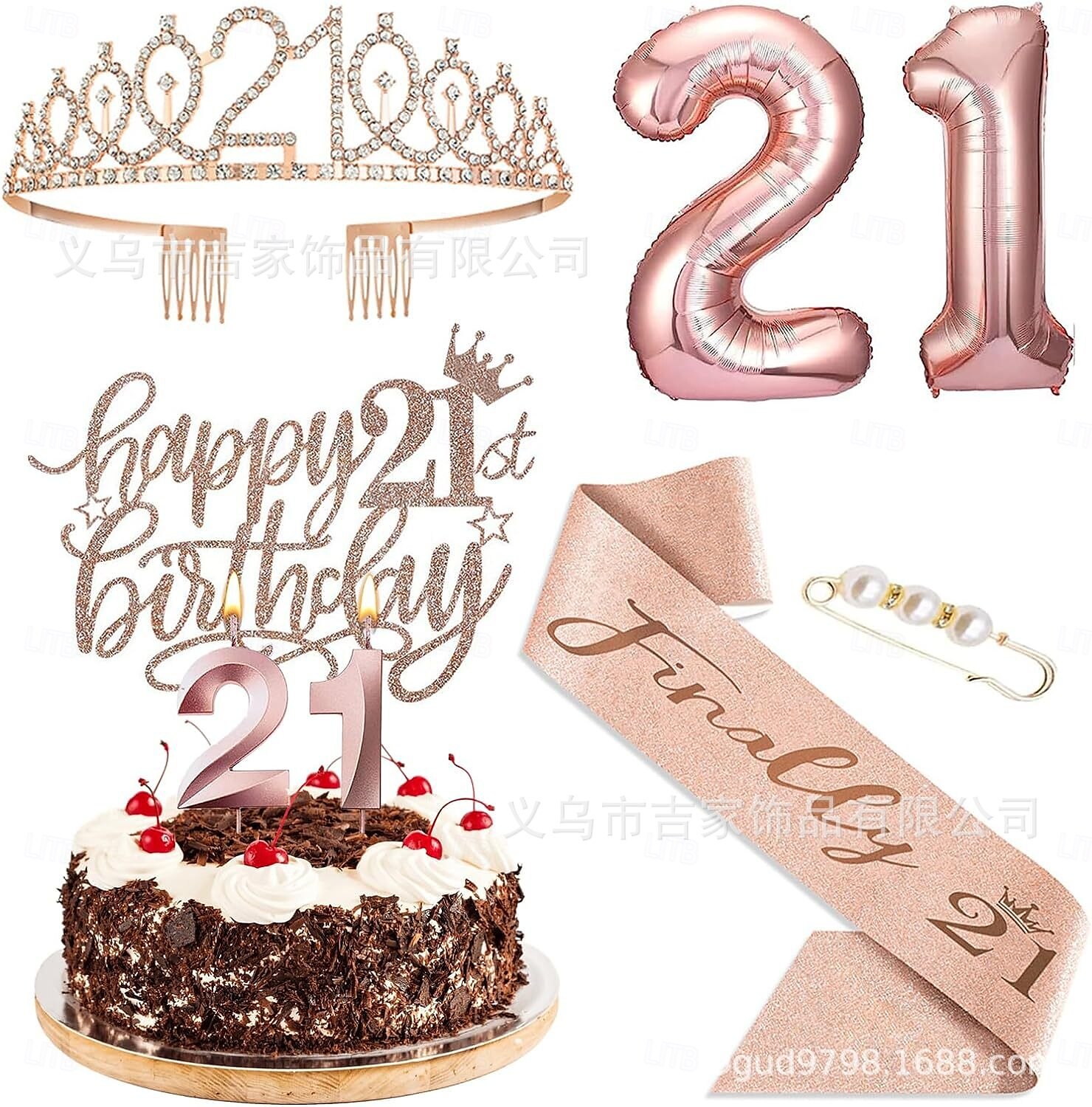 set deluxe da 6 pezzi per festa di compleanno in oro rosa - numeri di palloncini (10-80), tiara, fascia, candeline per torta, cake topper - per bambine & donne del 2025 a $13.99 –P3