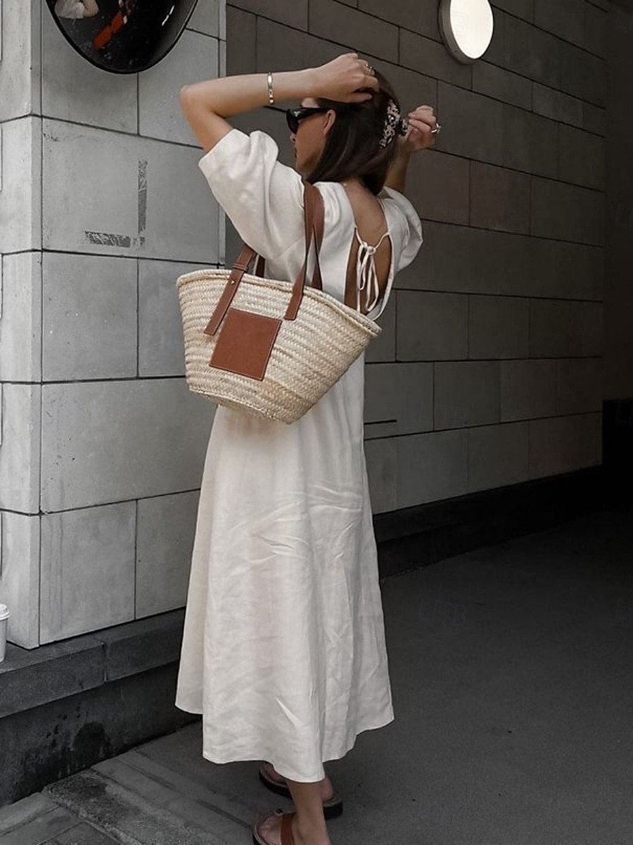 Damen Langes Kleid Maxikleid Freizeitkleid Sommerkleid Boho-Kleid Elegant Mode Basic Puffärmel Büro Geburtstag Täglich Normale Passform Einfach Halbarm Tiefer V-Ausschnitt Weiß Sommer Frühling Herbst 2025 - $23.99 –P1