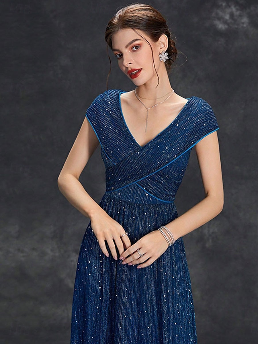 Dress Mother of the Bride Dress Elegant Party V Neck Floor Length Chiffon Polyester Short Sleeve with Sequin 2025 - $89.99 –P2