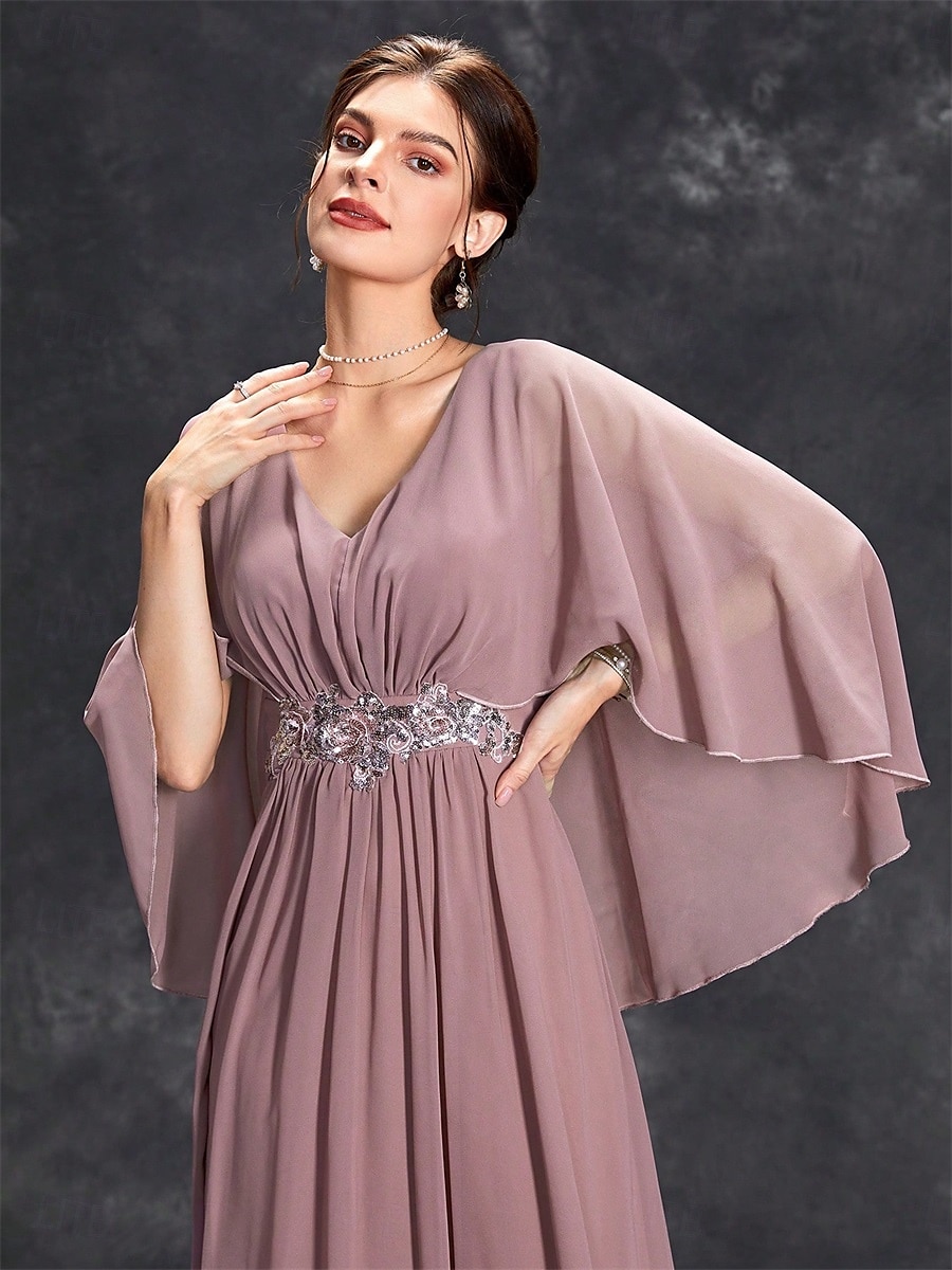 Dress Mother of the Bride Dress Elegant Party V Neck Floor Length Polyester Half Sleeve with Appliques 2025 2025 - $82.99 –P11