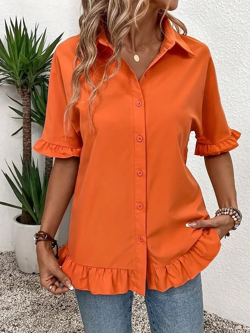 Damen Hemd Einfarbig Damen Arbeit Halbarm Glockenärmel Hemdkragen Normale Oberteile Arbeit Täglich Rüsche Knöpfe Weiß Orange Sommer Frühling Herbst 2025 - $21.99 –P5