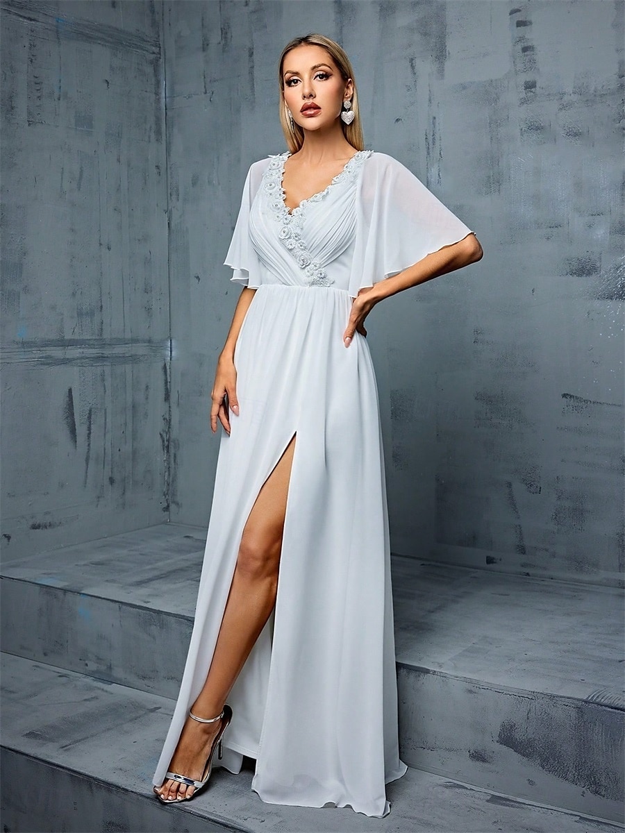 Kleid Brautmutterkleid Elegant V-Ausschnitt Bodenkörper Polyester Halber Ärmel mit Einfarbig 2025 - $89.99 –P1