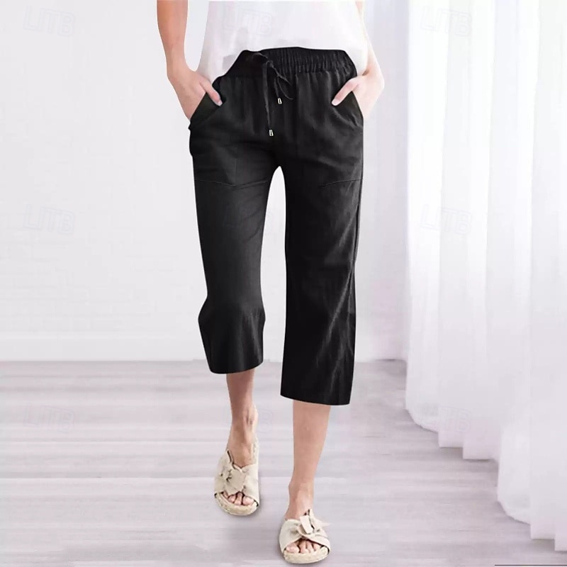 Women's Capri Pants Slacks Streetwear Casual Calf-Length Natural Plain Pocket Elastic Drawstring Design Outdoor Comfortable Street Going out Grey Navy Black White Summer Regular Fit 2025 - $18.99 –P6