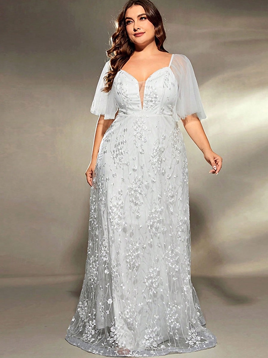 Plus Size Jurk Moeder van de Bruid Curve Jurk Elegant V Hals Vloerlengte Polyester Korte Mouw met Kant 2025 - $89.99 –P5