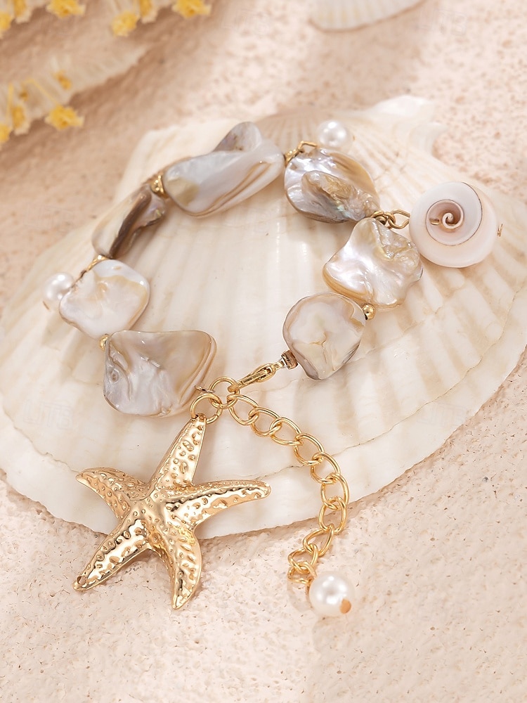 Collar de estrella de mar estilo bohemio con diseño playero: colgante de concha y piedra azul hecho a mano para mujer, collar llamativo inspirado en el océano para verano, vacaciones y uso en resorts 2025 - $9.99 –P7