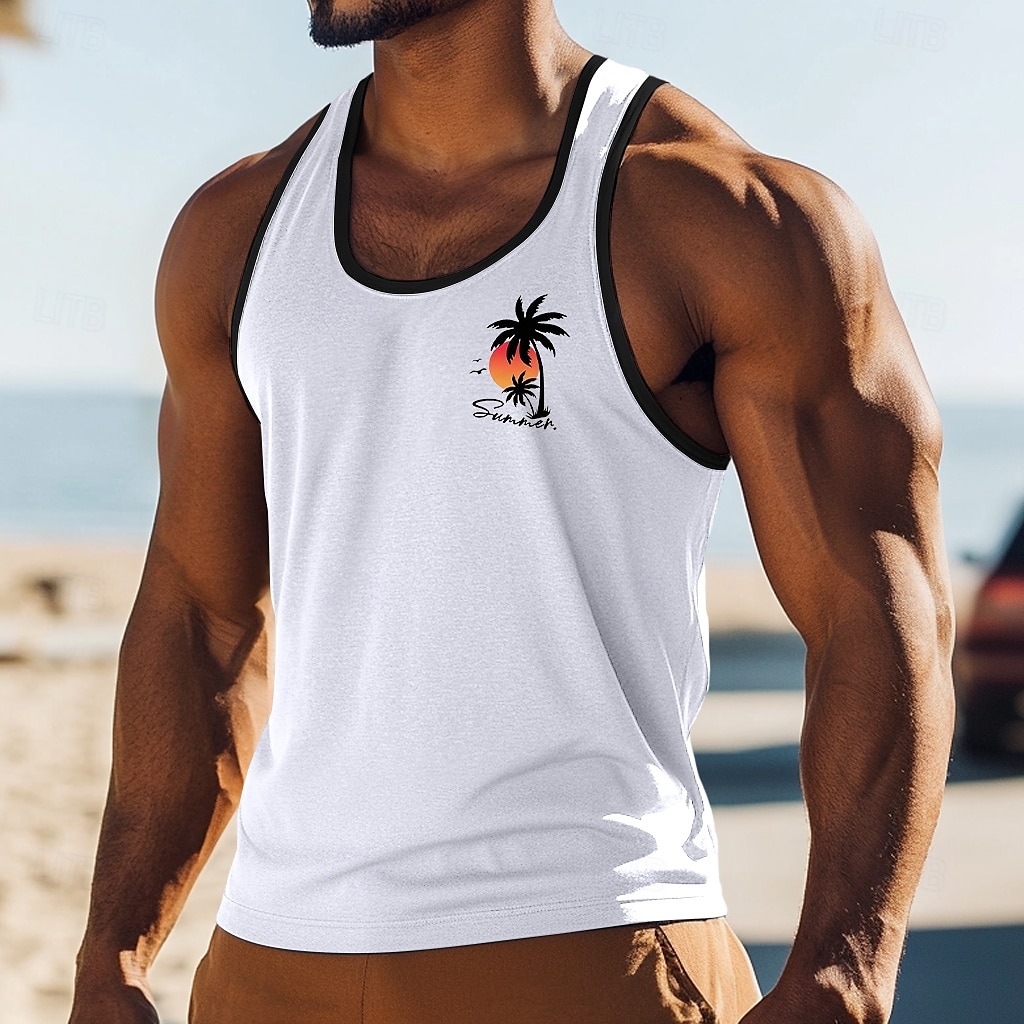 Men's Tank Top Vest Top Sleeveless Shirt Muscle Shirt Sleeveless Crew Neck Summer Coconut Tree Sports Fashion Comfortable Print Casual Beach Black White Green Top Tee for Men 2025 - AU $21.09 –P4