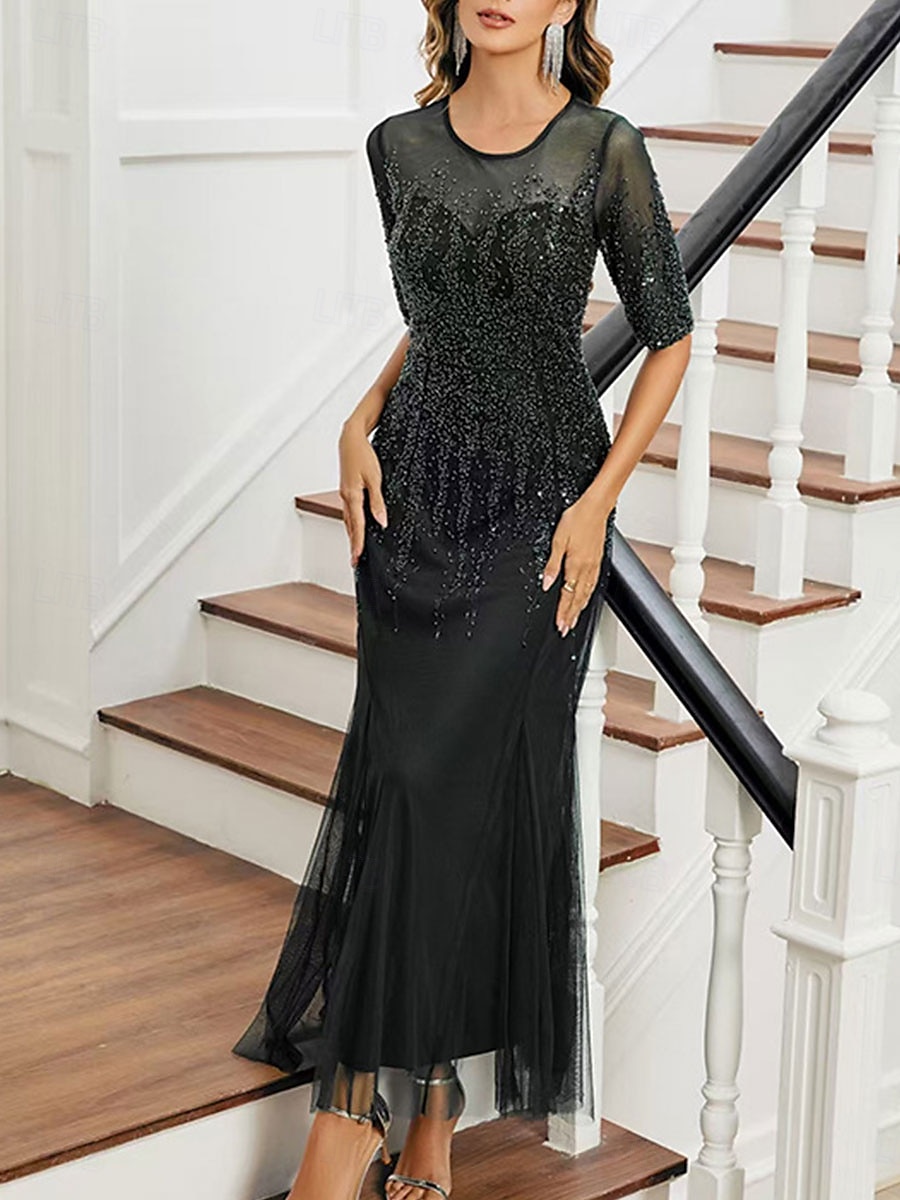 Dress Mother of the Bride Dress Elegant Party Black Dress Crew Neck Floor Length Polyester Half Sleeve with Sequin 2025 2025 - $129.99 –P8