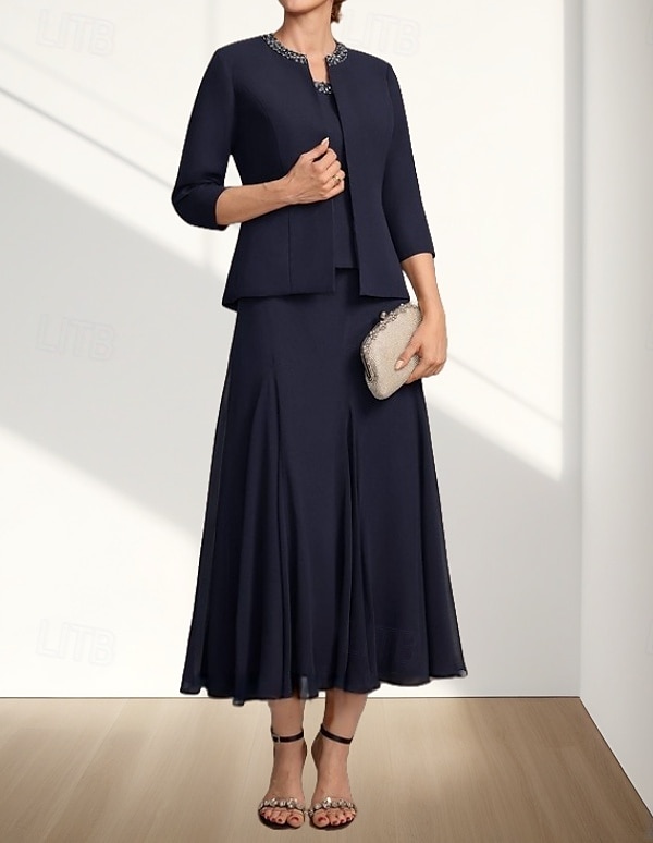 Two Piece A-Line Mother of the Bride Dress Wedding Guest Elegant Crew Neck Tea Length Chiffon 3/4 Length Sleeve with Beading Midi Dress 2025 - $157.99 –P1
