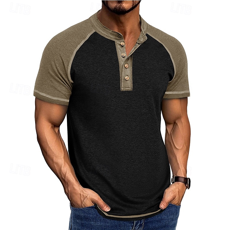2026年 男性用 ヘンリーシャツ ティートップ ベースボールTシャツ 半袖 カラーブロック ファッション デザイナー ラグランスリーブ ヘンリー バケーション ストリート お出かけ 夏 ダークグレー ブラック グレー ヘンリーTシャツ  コレクション – $21.99 –P7