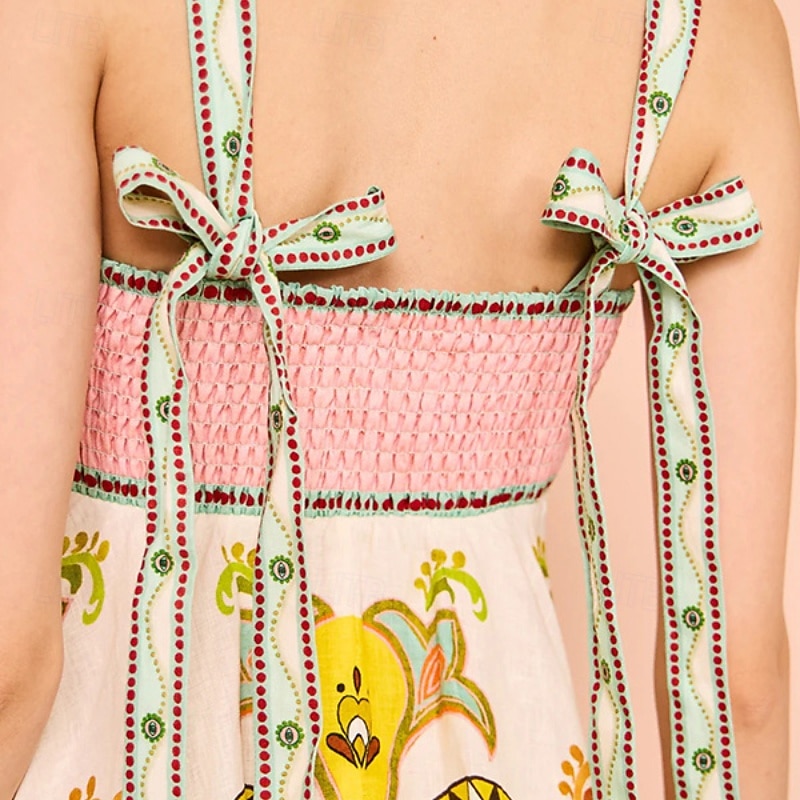 Abito midi da donna, abito floreale, abito sottoveste, abito stampato, moda, classico, per uscire all'aperto, fine settimana, vestibilità regolare, fiore, senza maniche, spalline sottili, verde, estivo del 2025 a $31.99 –P7