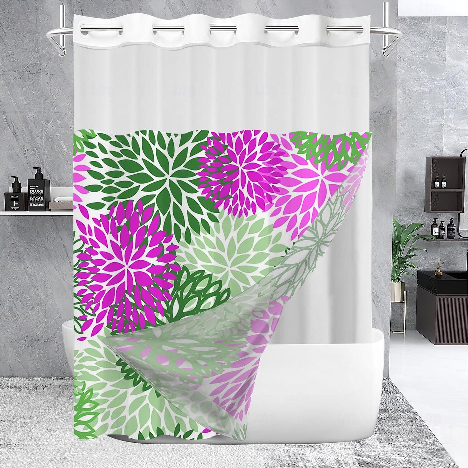 No Hook Leaves Pattern Shower Curtain 180cm*180cm(70"*70"), Double Layer Waterproof Bathtub Curtain with Snap-in Fabric Liner & Sheer Top Window for Bathroom Decor 2025 - $41.99 –P1