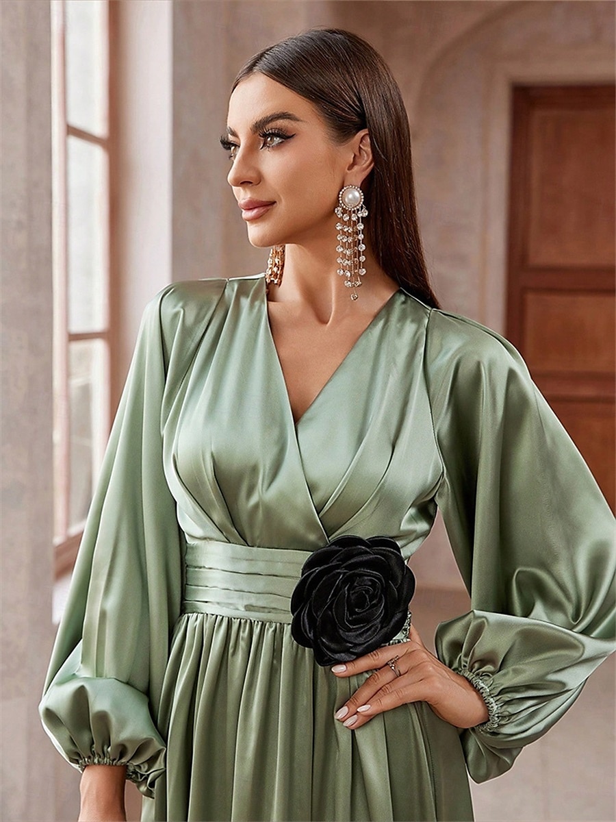 A-Linjet Quinceanera Klänningar Elegant Klänning Bröllop Bröllopsgäst Golvlängd Lång Ärmar V-Hals Polyester Med Fållar 2025 - $89.99 –P5