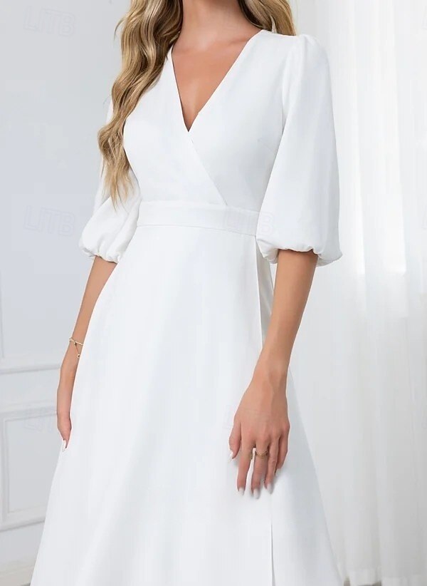 Fiançailles Petites Robes Blanches Robes de mariée Ligne A Col en V Demi Manches Longueur thé Tissu Extensible Robes de mariée Avec Ceinture / Ruban Couleur Unie 2025 de 2025 ? $96.99 -P4