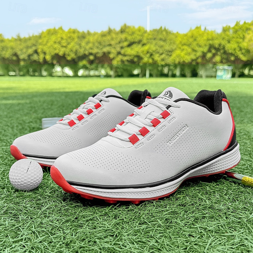 Herren Performance Golf Sneaker in Weiß mit roten Schnürsenkeln, atmungsaktive Mikrofaser, ideal für Amateurgolfer 2025 - $64.99 –P5