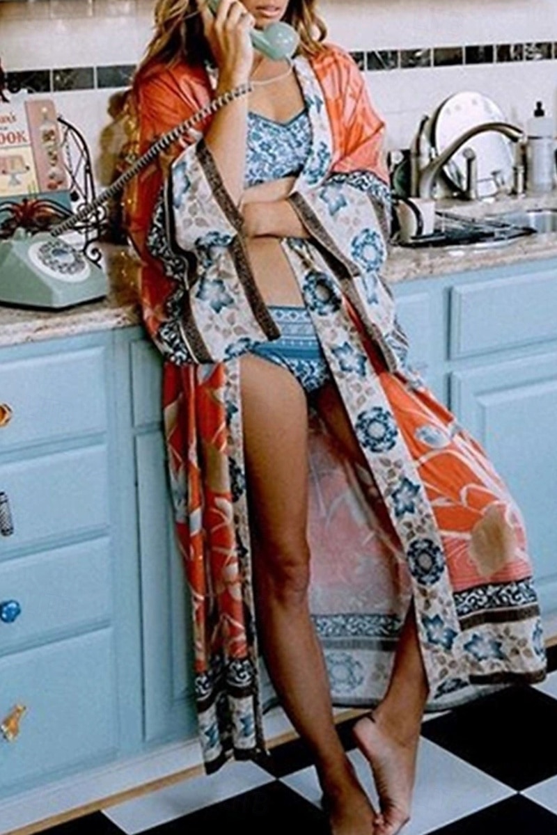 نسائي ملابس السباحة تغطية الجسم ملابس السباحة ربطة عنق أمامية استوائي ملابس الشاطئ زهور دوران رقبة حرف V دائري كم طويل بدلة سباحة 2026 - $22.99 –P1