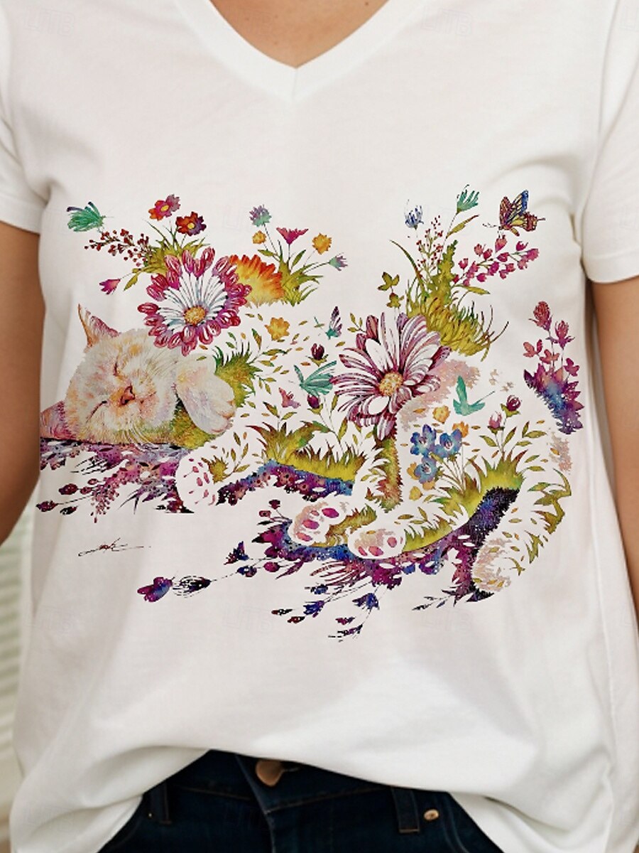 Dam T-shirt Blommig Grafisk Katt Ledigt Kortärmad V-hals Vanliga toppar Dagligen Utekväll Standkläder Mönster Vit Sommar 2025 - $27.99 –P3