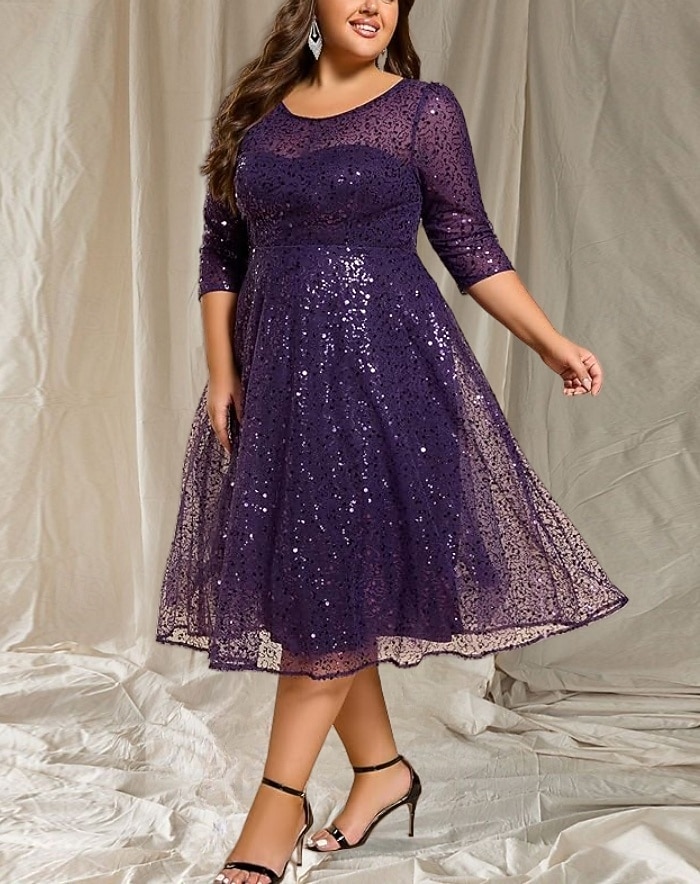 A-Line Wedding Guest Dresses Elegant Dress Wedding Guest Tea Length 3/4  Length Sleeve Crew Neck Fall Wedding Guest Sequined with Glitter Sequin  2026 - 196.99