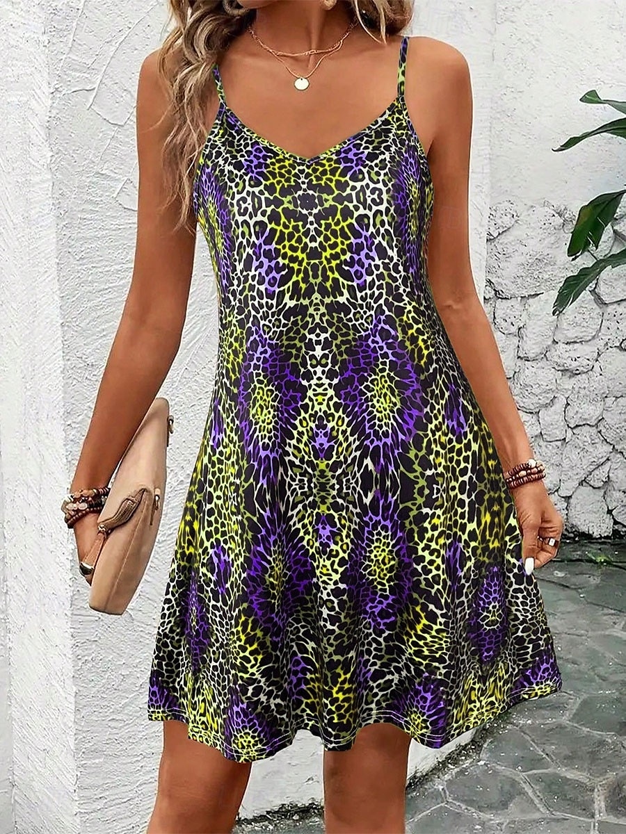 Dame Mini kjole Kjole med A-linje Slipkjole Off The Shoulder-kjole Ferie Fritid Feriereise Daglig Normal Grafisk Leopard Ermeløs V-hals Kongeblå Blå Lilla Grønn Sommer 2025 - $21.99 –P6