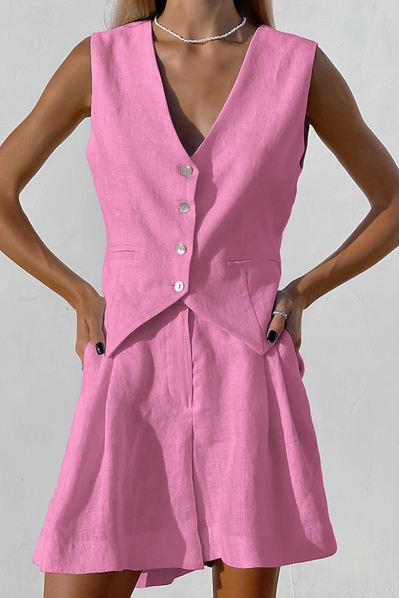 Femmes Mode Streetwear Ensembles inspirés du lin Ensembles deux pièces Chemisier Sans manches Col en V Couleur Unie Dubbele Rij Knopen Sortir Décontracté Quotidien Blanche Bleu Orange Été Coupe de 2025 ? $31.99 –P14