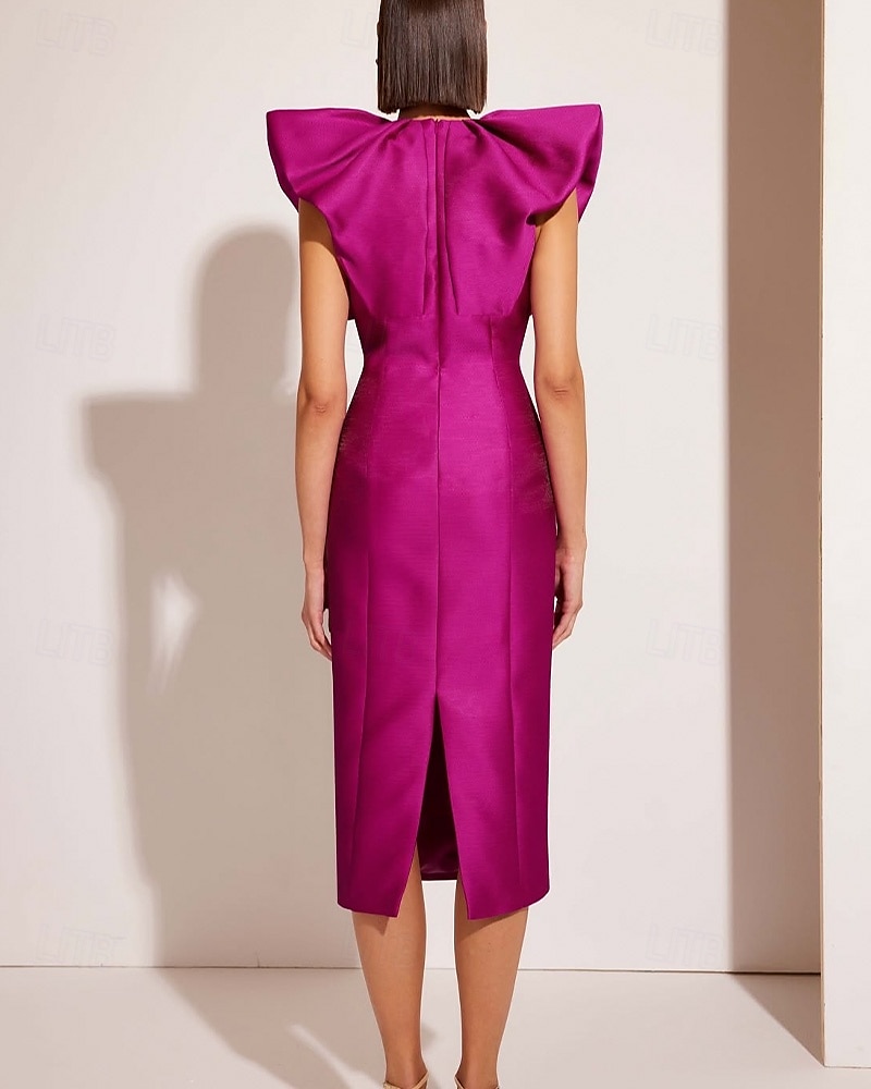 Sukienki koktajlowe typu sheath/kolumna elegancka formalna sukienka ślubna tea długości midi krótki rękaw dekolt w kształcie litery V różowa sukienka satynowa z fałdami 2025 - $144.99 –P3
