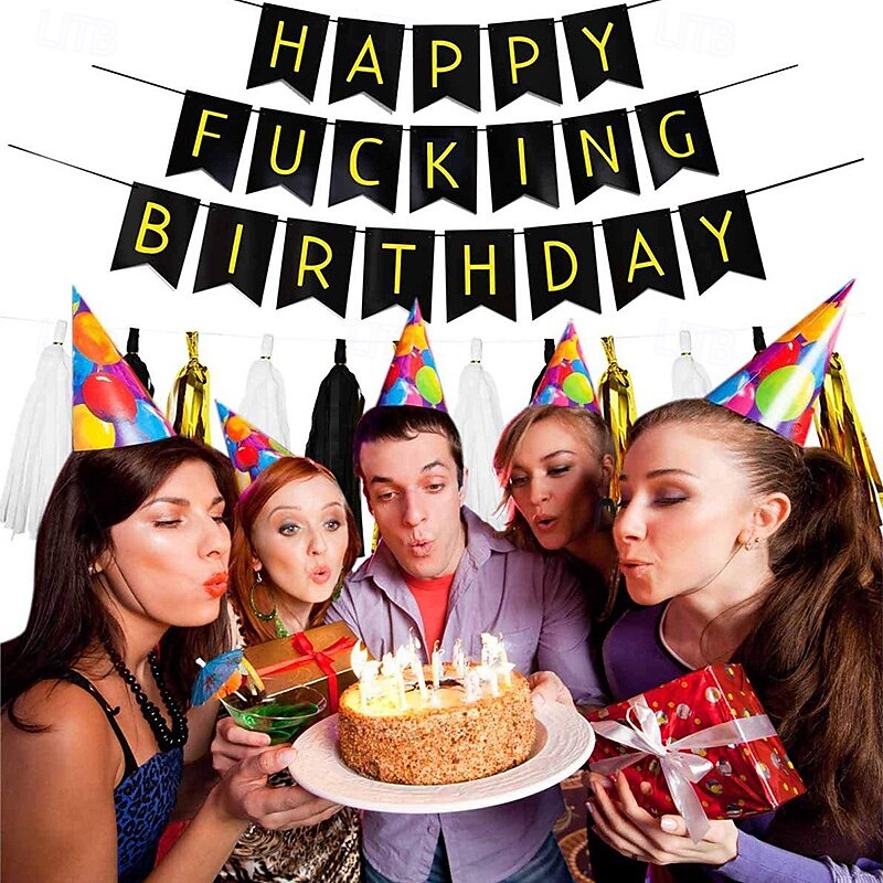 Geburtstagsparty-Banner - "Happy F*cking Birthday" - schwarz &Goldthema mit Quaste oder Wirbel Dekoration Optionen für eine wilde Feier 2025 - $13.99 –P1