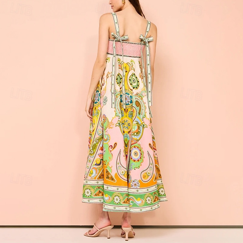 Abito midi da donna, abito floreale, abito sottoveste, abito stampato, moda, classico, per uscire all'aperto, fine settimana, vestibilità regolare, fiore, senza maniche, spalline sottili, verde, estivo del 2025 a $31.99 –P4