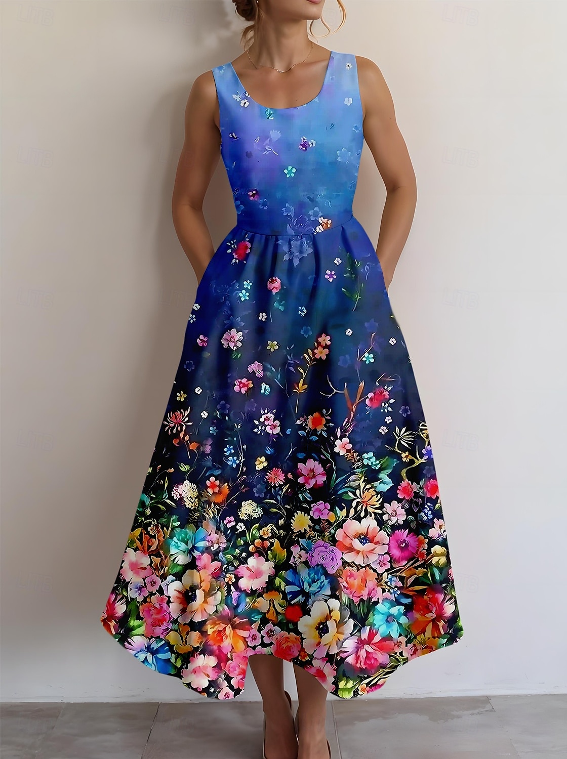 Damen Midikleid Sommerkleid A Linie Kleid Rückenfreies Kleid Urlaub Lässig Ausgehen Normale Passform Ombre Blumen Grafik Ärmellos U-Ausschnitt Blau Sommer 2025 - $35.99 –P1