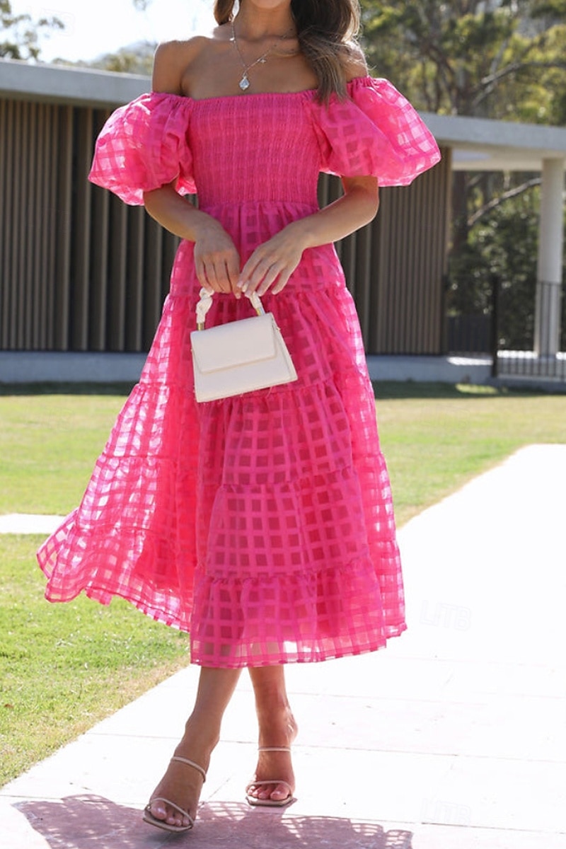 Women's Midi Dress Graduation Dress Fashion Modern Lantern Sleeve Vacation Graduation Weekend Regular Fit Plain Short Sleeve Off Shoulder Black White Yellow Pink Summer 2025 - $27.99 –P12