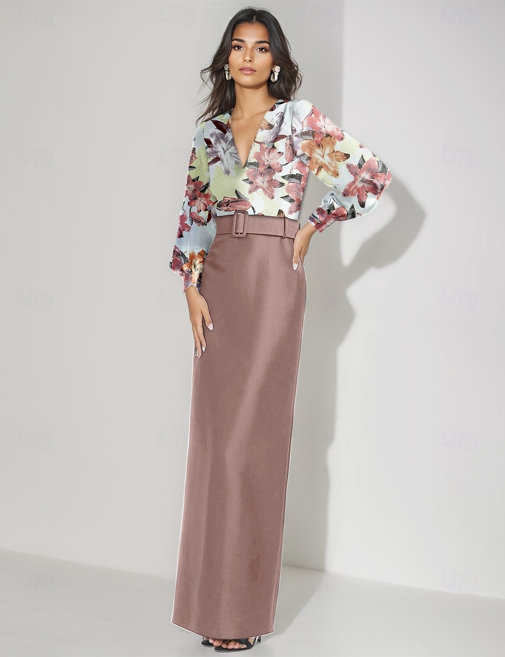 Abito da Sera Sirena Abito Formale Matrimonio Lunghezza Piena Maniche Lunghe Scollo a V Satin con Stampa Floreale Abito da Ospite di Matrimonio del 2025 a $160.99 –P4