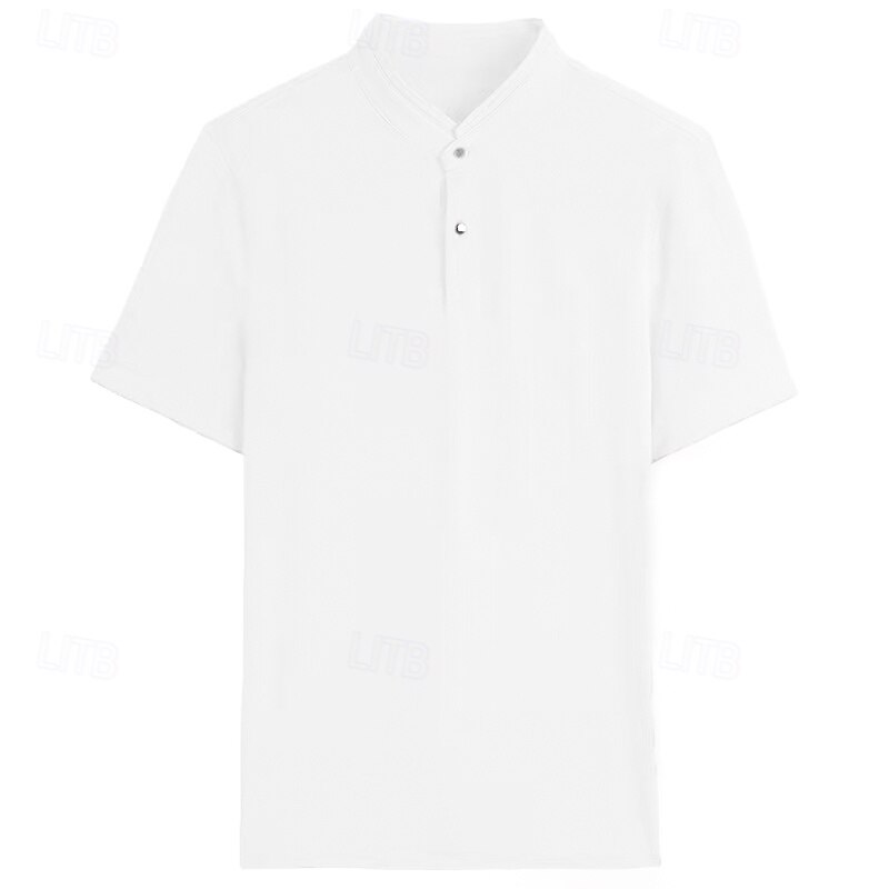 heren polo trui van zijde katoenmix, formeel werk, geribbelde kraag, korte mouwen, effen kleur, overhemd, zomer, donkergrijs, zwart, wit, kaki, grijs 2025 - $32.99 –P13