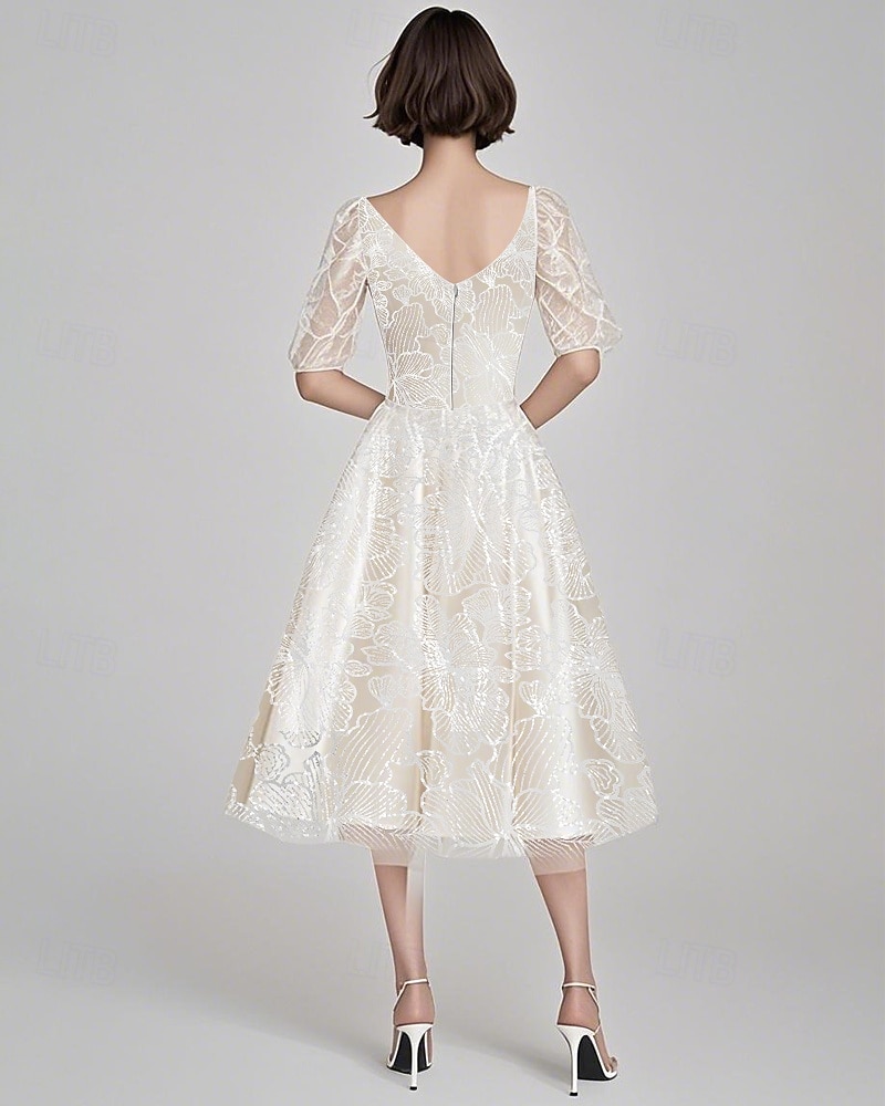 Robe A-Line En Sequins Brodée Bleue Robe de Mère de la Mariée Élégante Vintage Illusion Col Longueur Cheville Dentelle Manches Mi-longues de 2025 ? $173.99 –P4