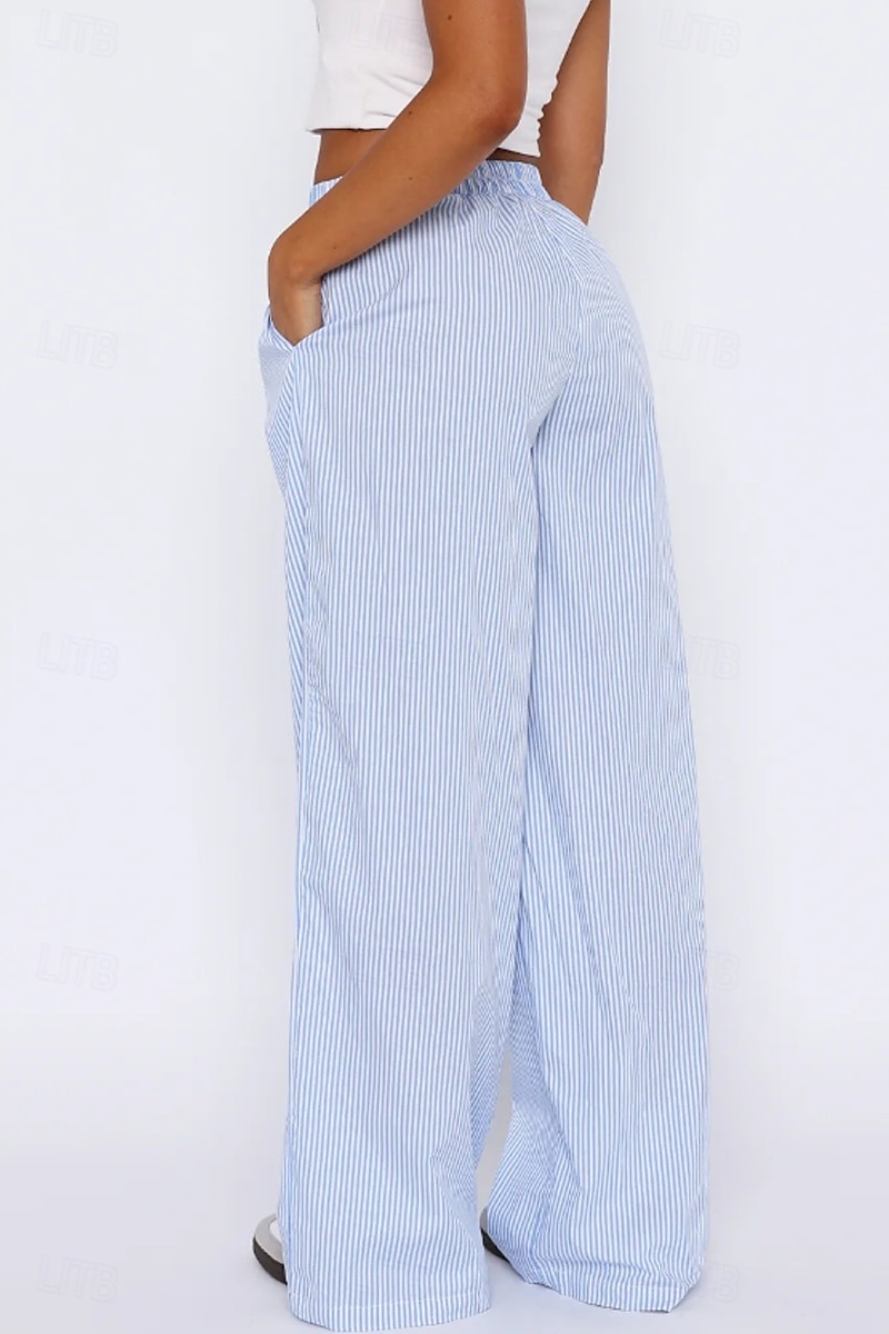 Damen Weites Bein Stoffhosen Mode Streetwear Volle Länge Natürliche Taille Gestreift Tasche Elastischer Bund Bequem Straße Ausgehen Rosa Blau Sommer Normale Passform 2025 - $26.99 –P5