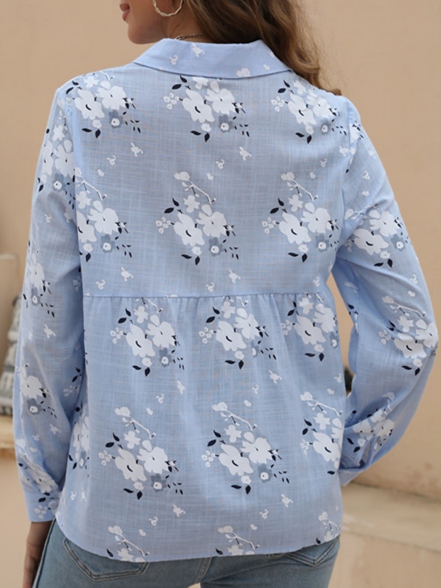Damenhemd Floral Stylish Casual Langarmhemd Kragen Regelmäßige Tops Täglich Leinenähnliche Knöpfe Druck Weiß Gelb Hellblau Sommer Frühling 2025 - $19.99 –P12
