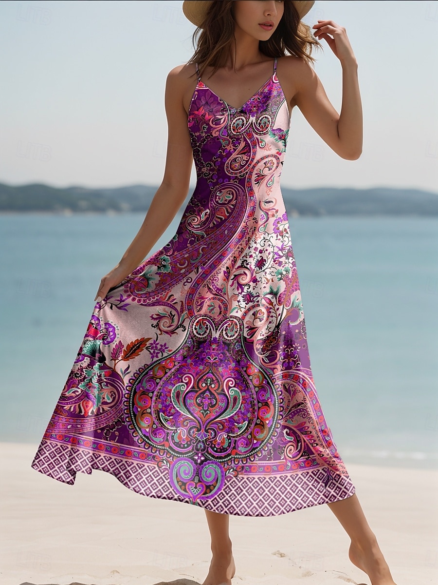 Pentru femei Rochie Maxi Rochie casual Rochie A line Vacanță Epocă Έθνικ Zilnic Fit regulat Grafic Epocă Boem Fără manșon În V Roz Îmbujorat Albastru piscină Mov Trifoi Vară Primăvară Toamnă 2025 - $28.99 –P6