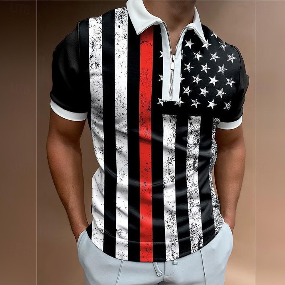 Jour de l'Indépendance Homme Hommes Drapeau Américain Polo à fermeture éclair Manche Courte Col Rabattu Décontracté Quotidien Extérieur Décontracté Quotidien Fermeture éclair Été Noir de 2025 ? $21.99 –P1