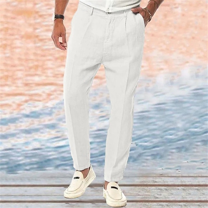 Férfi Vászon nadrág Nadrág Nyári nadrág Strand nadrág Gombok Zseb Sima Mokaszinok Légáteresztő Vakáció Napi Szabadság Hawaii Boho Fehér Khakizöld 2025 - $21.99 –P2