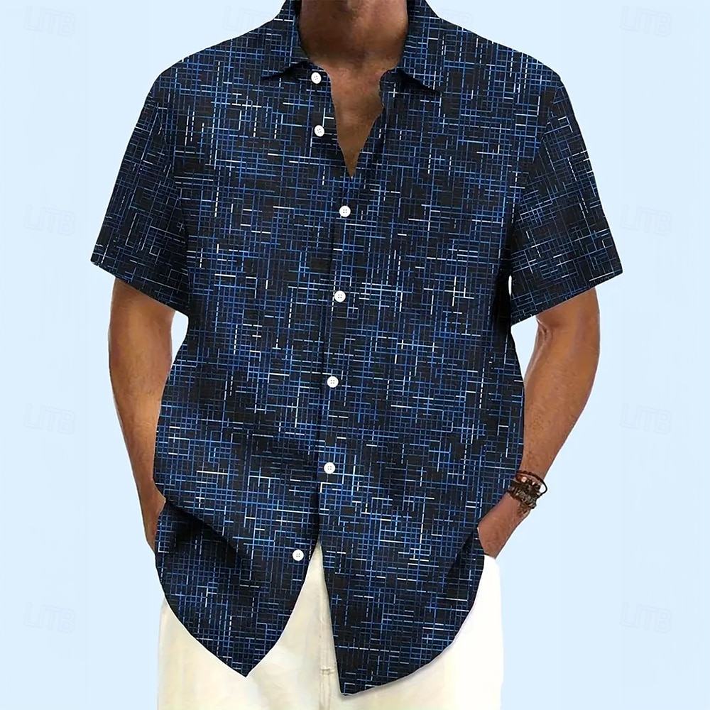 Herren Geometrisch Karo / Karomuster Hemd Freizeithemd Knopfhemd Kurzarm Modisch lässig Urlaub Alltagskleidung Sommer Frühling Umlegekragen 3D-Druck Hemden mit Kragen Dunkelblau 2025 - $23.99 –P1